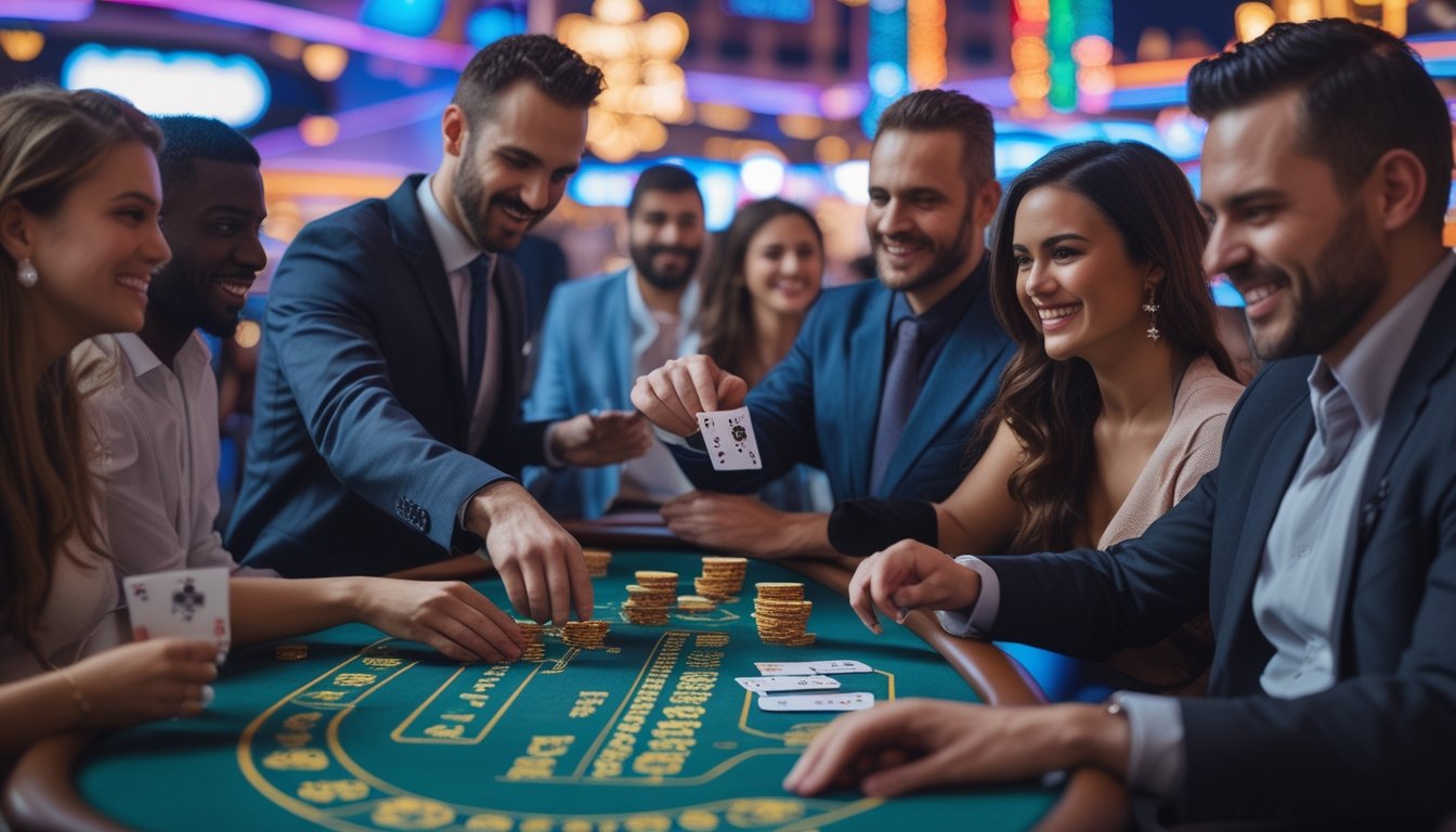 Suasana meja blackjack di kasino dengan pemain yang sedang bermain dan lampu neon terang di latar belakang.