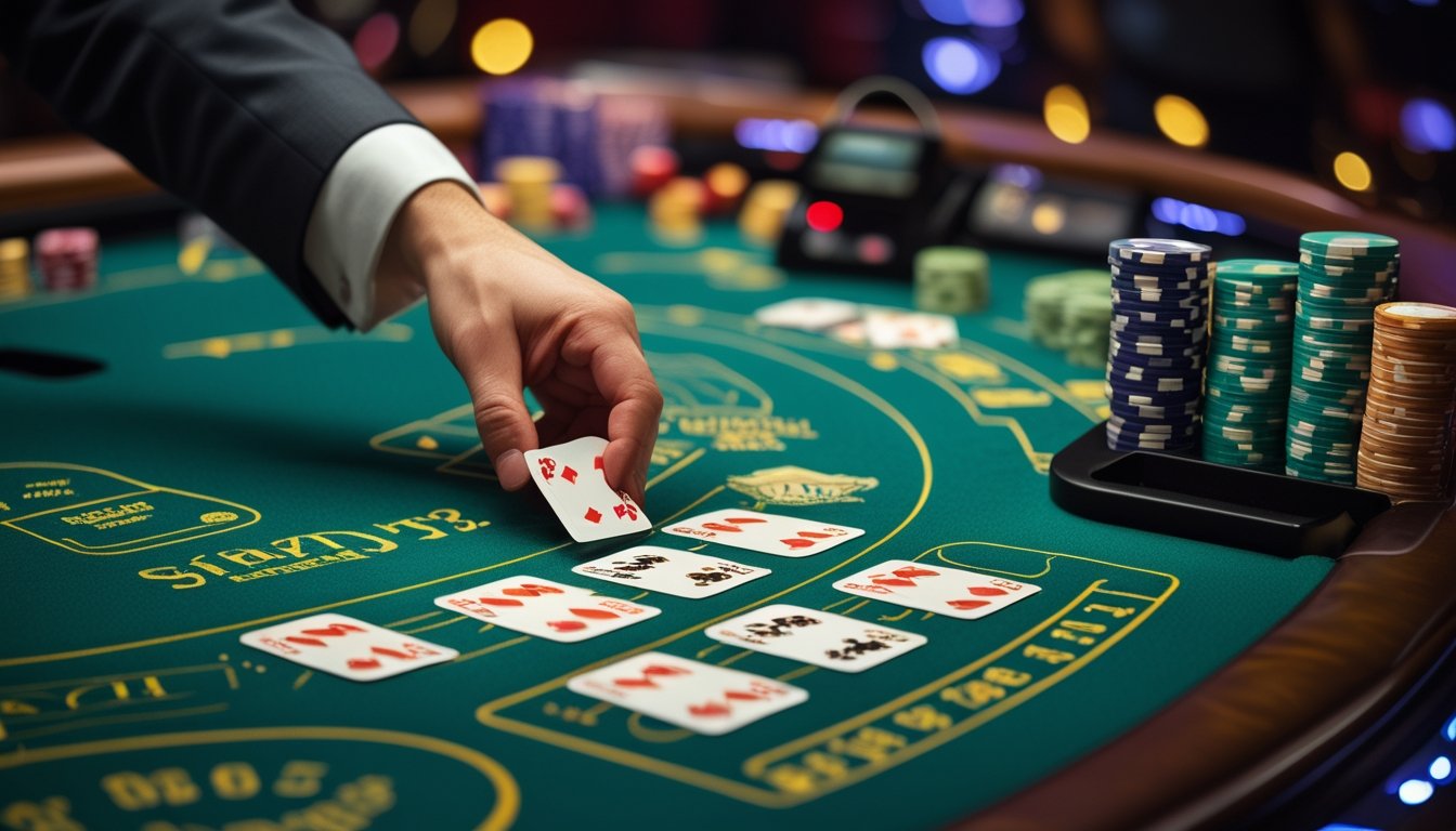 Meja kasino dengan permainan blackjack sedang berlangsung, menampilkan kartu dan chip taruhan di lingkungan kasino yang mewah.