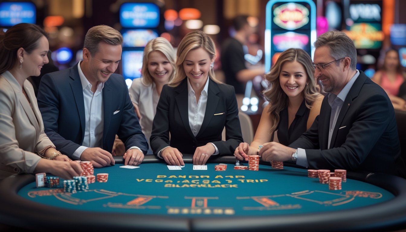 Orang-orang bermain blackjack di kasino dengan suasana ceria dan meja permainan yang sibuk.