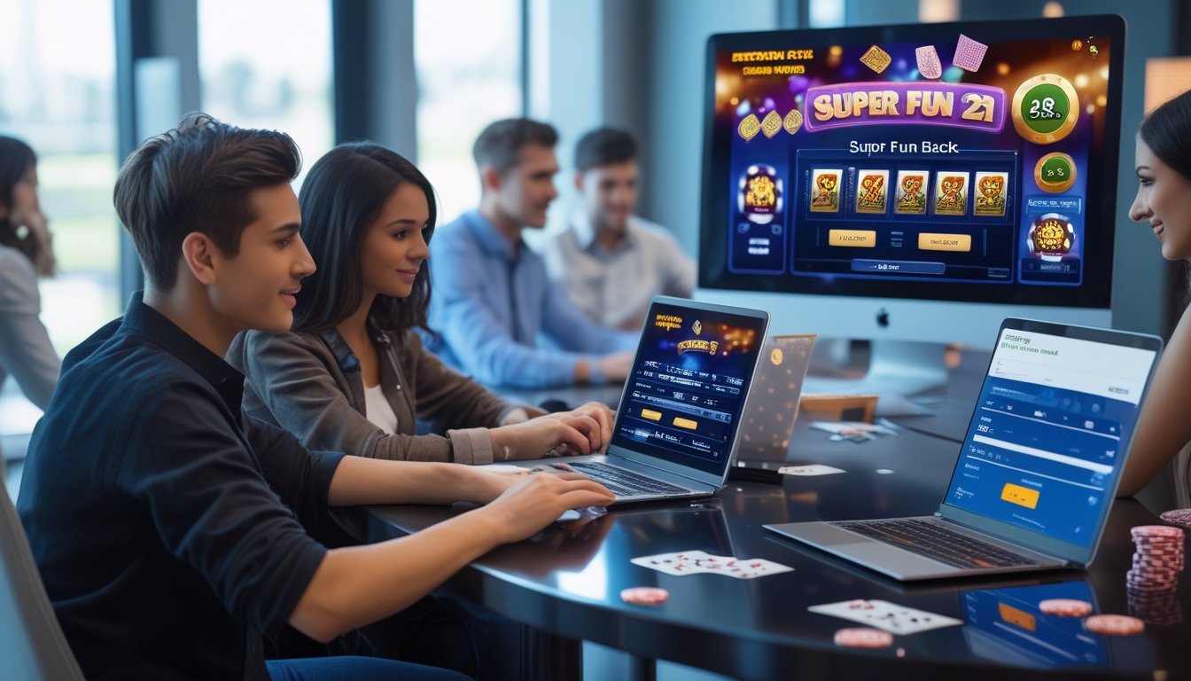 Sekelompok orang muda duduk di meja dengan laptop dan ponsel, sedang mendaftar akun untuk permainan blackjack online.