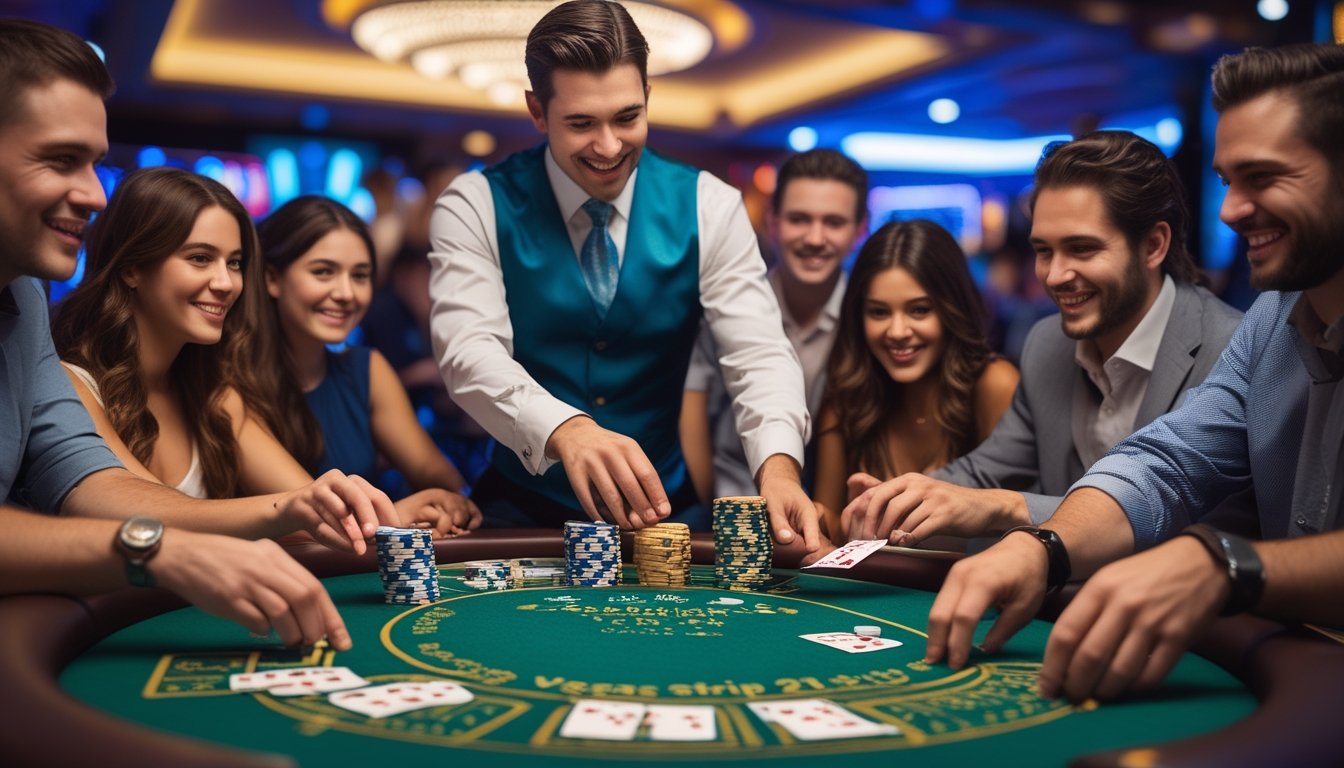 Seorang dealer dan beberapa pemain duduk di meja blackjack di kasino yang ramai dan mewah.