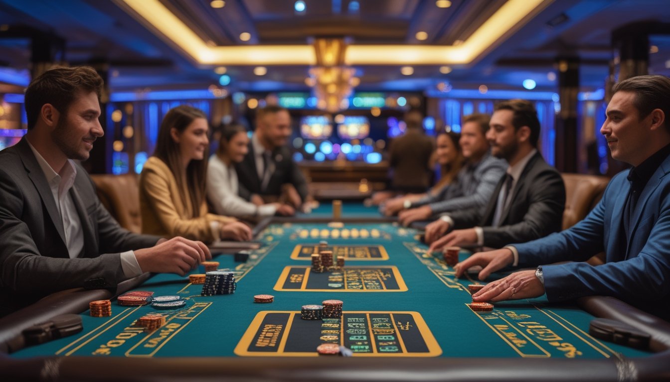 Orang-orang bermain blackjack di meja kasino dengan suasana mewah dan pencahayaan yang terang.