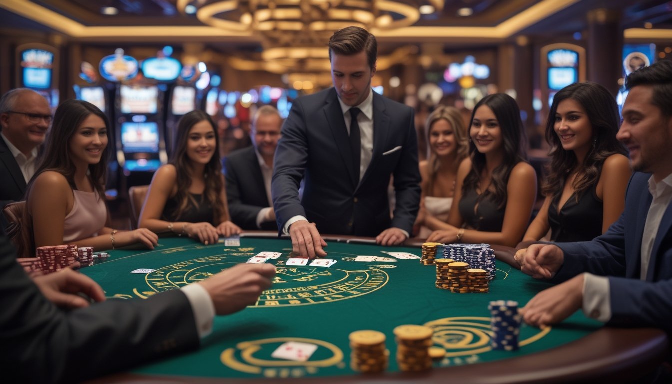 Meja blackjack di kasino dengan dealer dan pemain yang sedang bermain kartu, dikelilingi oleh chip poker dan suasana kasino yang mewah.
