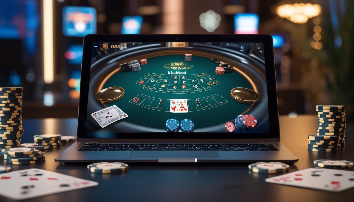 Sebuah meja blackjack digital di layar laptop dengan kartu dan chip kasino, dikelilingi oleh suasana kasino dengan lampu neon dan dekorasi elegan.