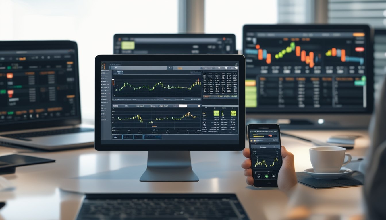 Seorang pebisnis serius duduk di meja modern dengan beberapa layar digital menampilkan data pacuan kuda dan grafik keuangan.