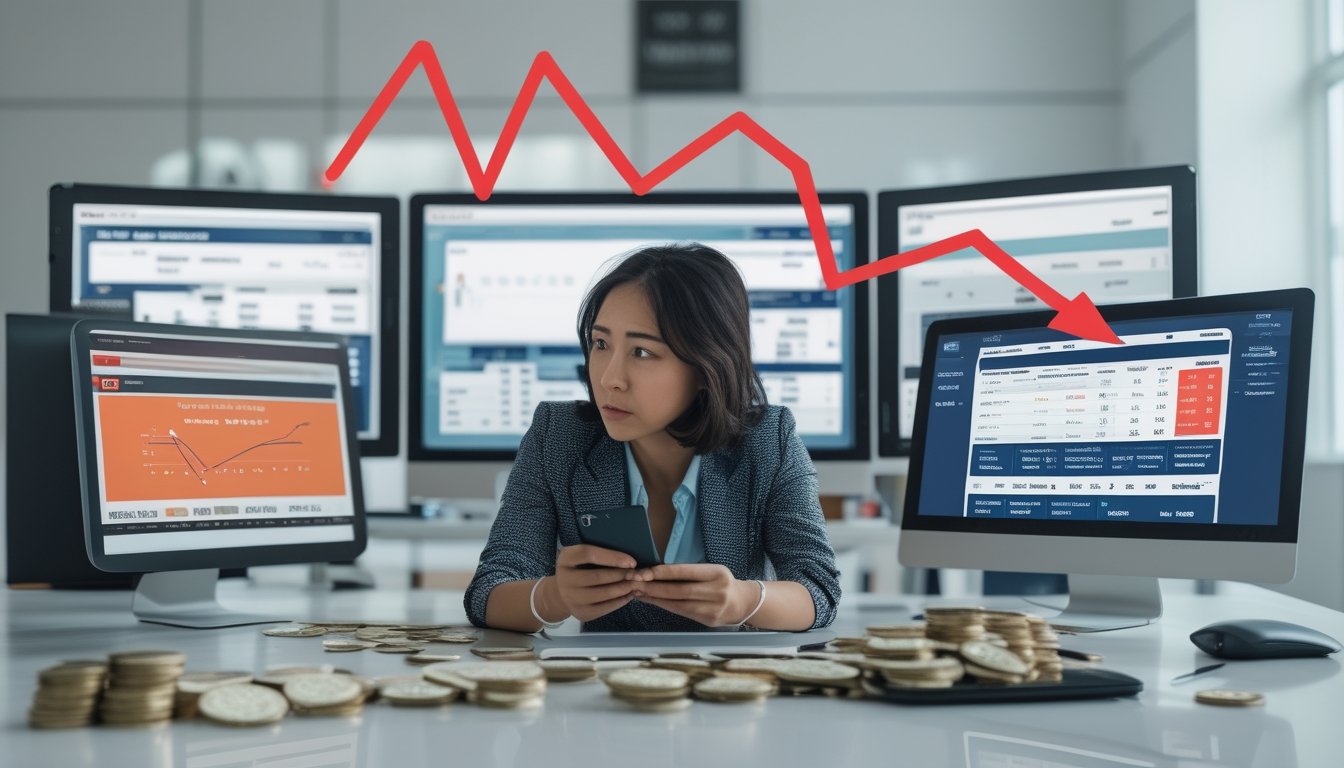Seorang pria duduk di meja dengan beberapa layar komputer menampilkan situs taruhan pacuan kuda dan grafik keuangan, tampak serius memegang ponsel dan kartu kredit.