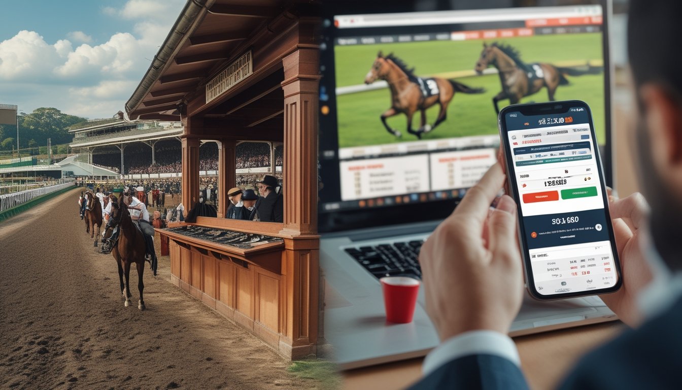 Orang-orang bertaruh pada pacuan kuda dengan tiket tradisional di satu sisi dan menggunakan perangkat digital untuk taruhan online di sisi lain.
