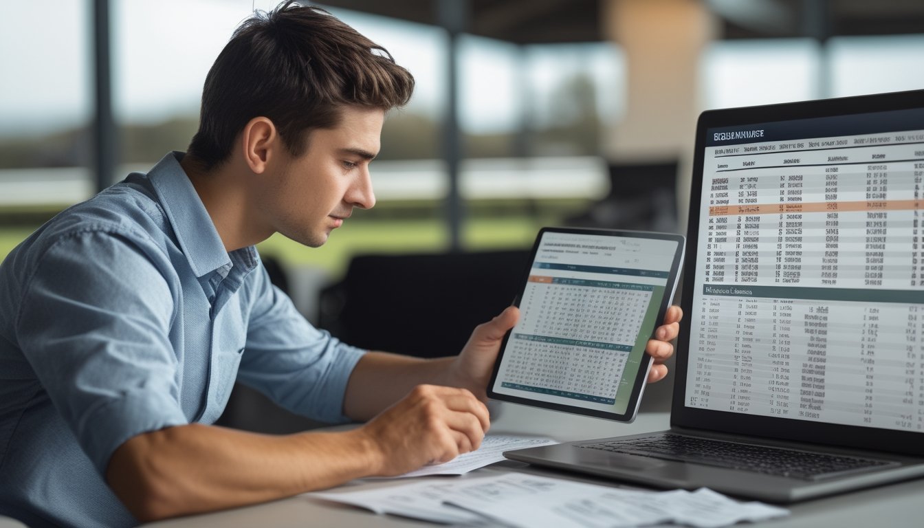 Seorang pemula sedang mempelajari statistik pacuan kuda dengan serius, melihat dokumen dan layar digital yang menampilkan data pacuan kuda, dengan latar belakang trek pacuan dan kuda.
