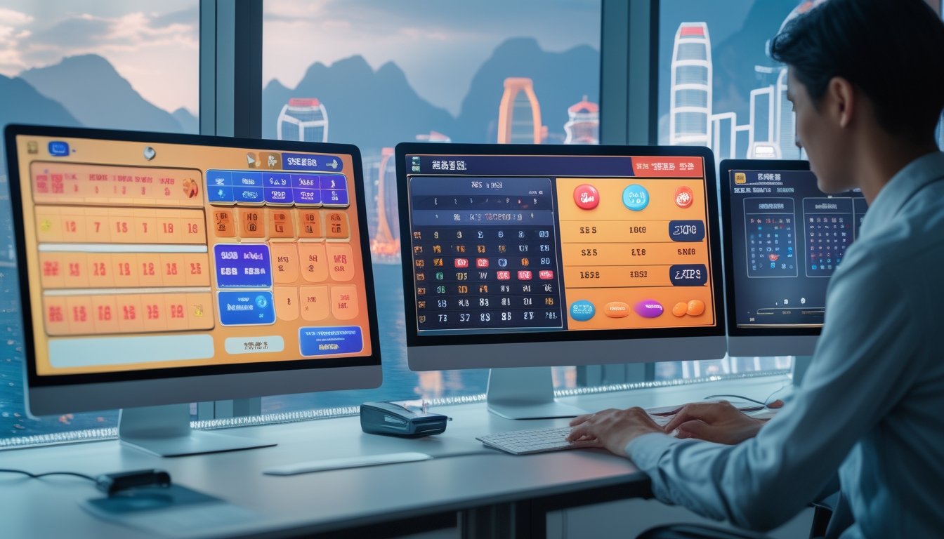 Meja kerja modern dengan beberapa layar komputer menampilkan angka dan grafik togel online, latar belakang menampilkan siluet kota Macau.