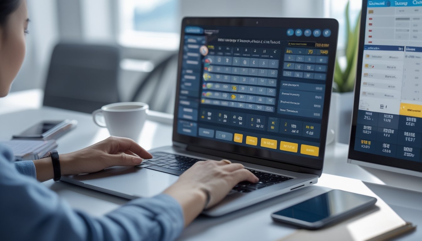 Seseorang menggunakan laptop di meja kerja modern dengan tampilan antarmuka lotere digital dan beberapa alat kerja di sekitarnya.