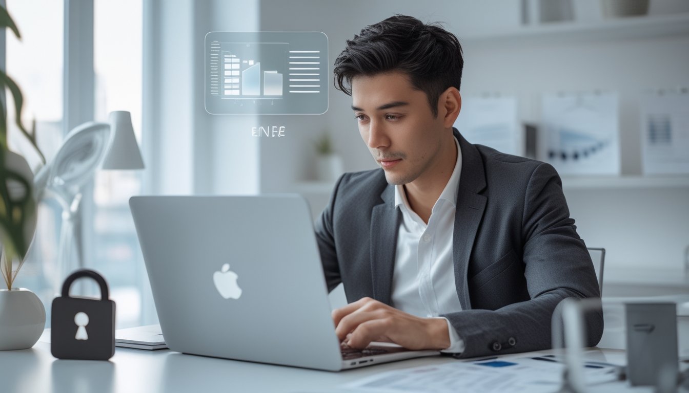 Seorang pria dewasa muda duduk di meja modern sambil melihat dokumen dan laptop, menunjukkan suasana hati yang fokus dan percaya diri dalam memilih platform togel Macau yang aman.