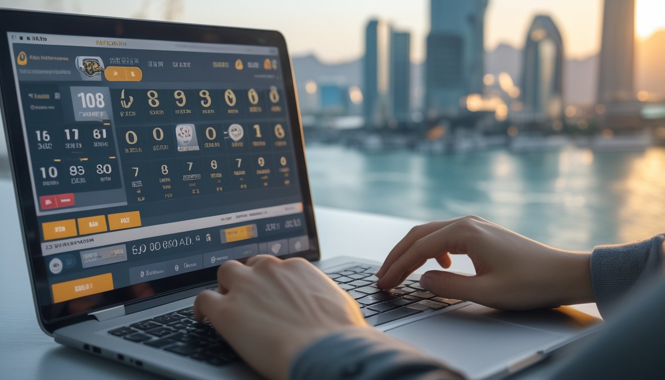 Seorang pria menggunakan laptop di meja kerja dengan latar belakang pemandangan kota Macau yang terlihat samar, menunjukkan suasana aman dan profesional dalam memilih bandar togel.