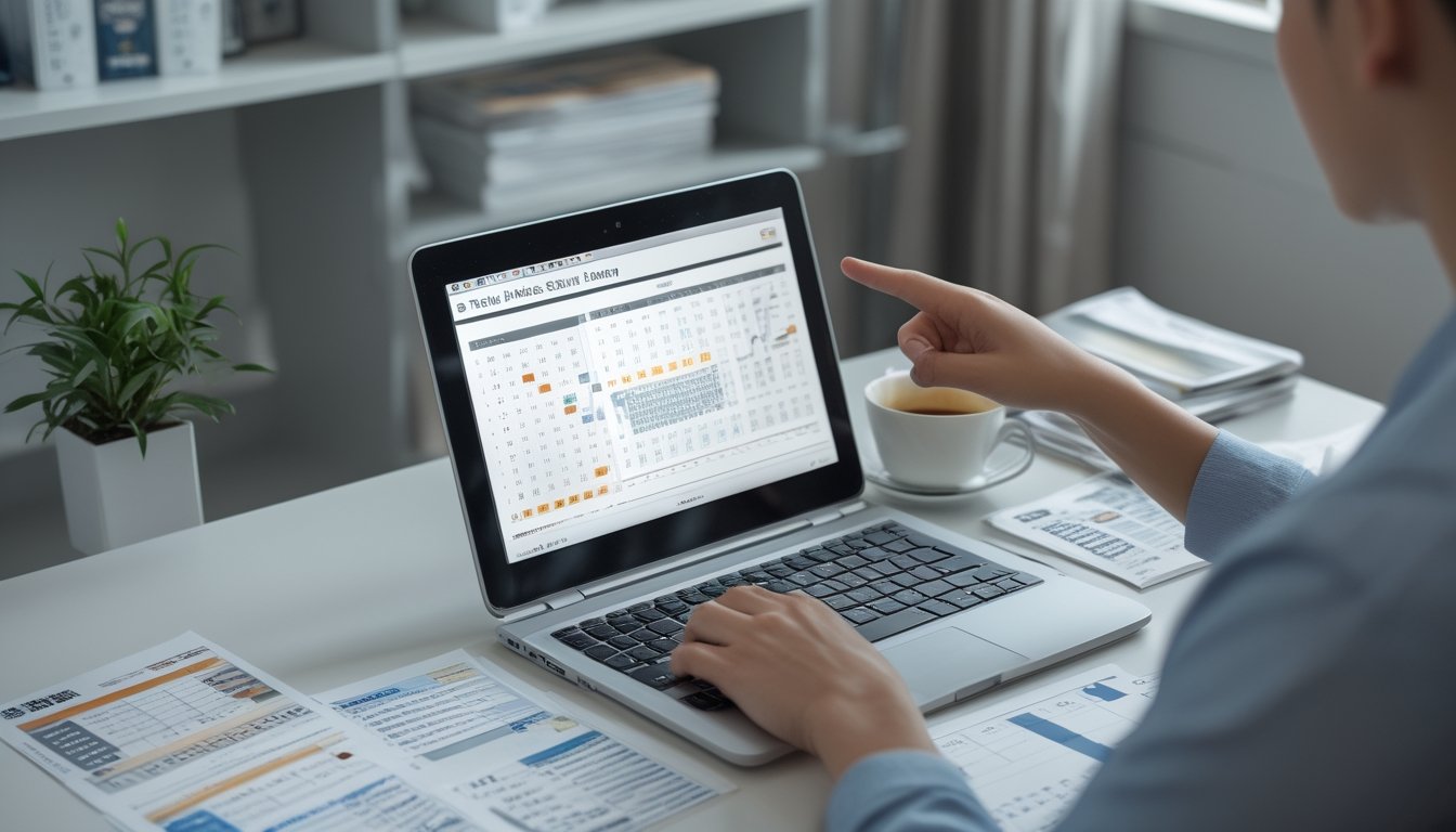 Seseorang sedang bekerja di meja dengan laptop dan kertas berisi angka dan grafik, fokus menganalisis pola angka togel Macau.