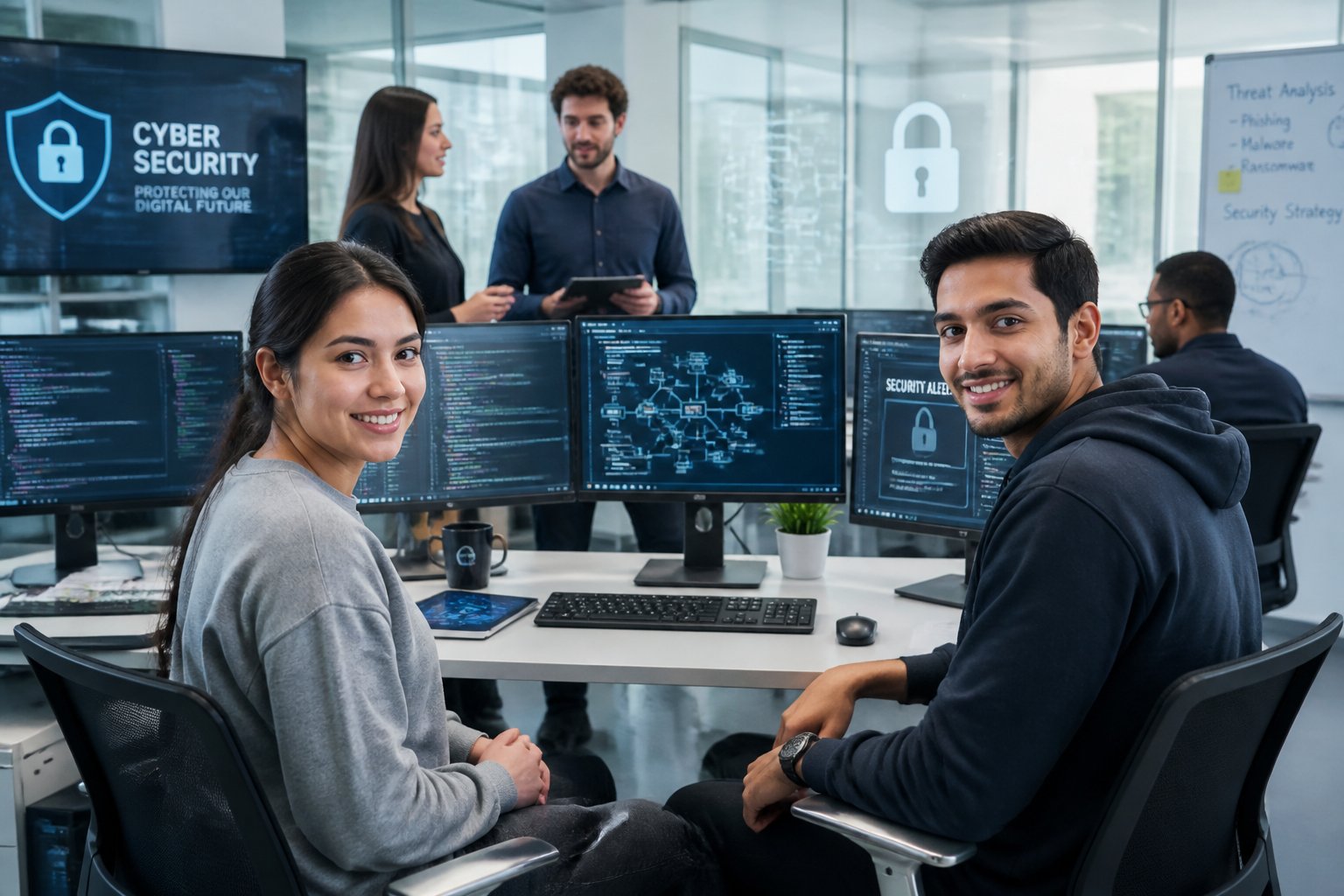 A group of young professionals working together at computers in a modern office focused on cybersecurity.