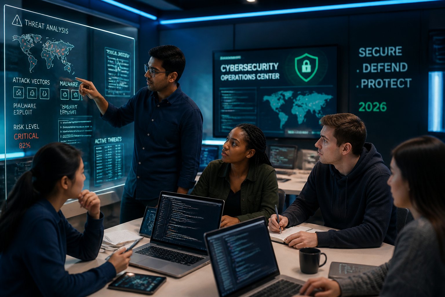 A group of young professionals working together on laptops and digital screens in a modern office focused on cybersecurity tasks.