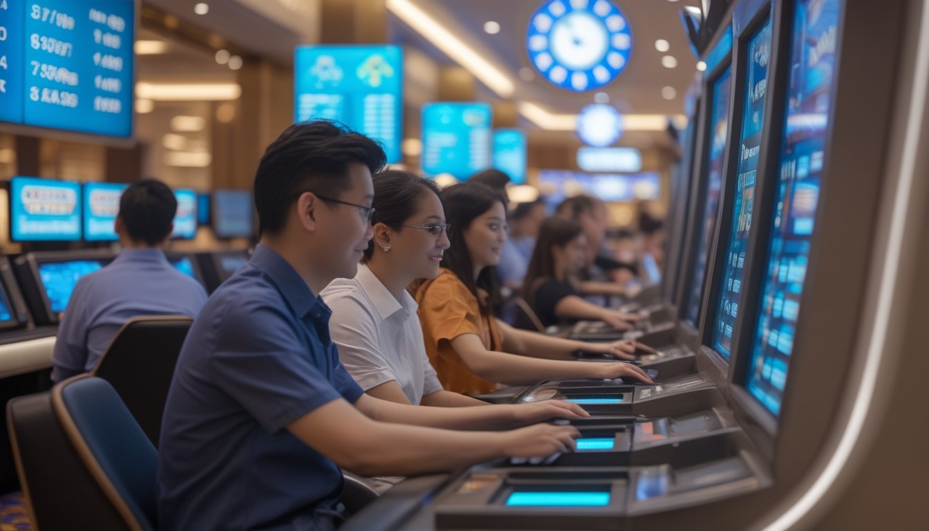 Suasana kasino modern dengan orang-orang menggunakan mesin taruhan elektronik di area yang terang dan profesional.