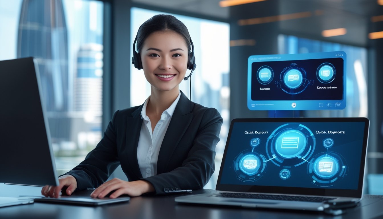 Seorang perwakilan layanan pelanggan dengan headset tersenyum di depan laptop dan ponsel yang menampilkan transaksi cepat, dengan latar belakang kota Macau.