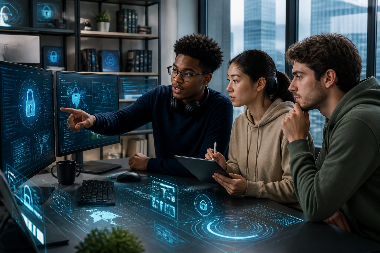 Three young professionals collaborating at a desk with multiple computer screens showing cybersecurity data in a modern office.