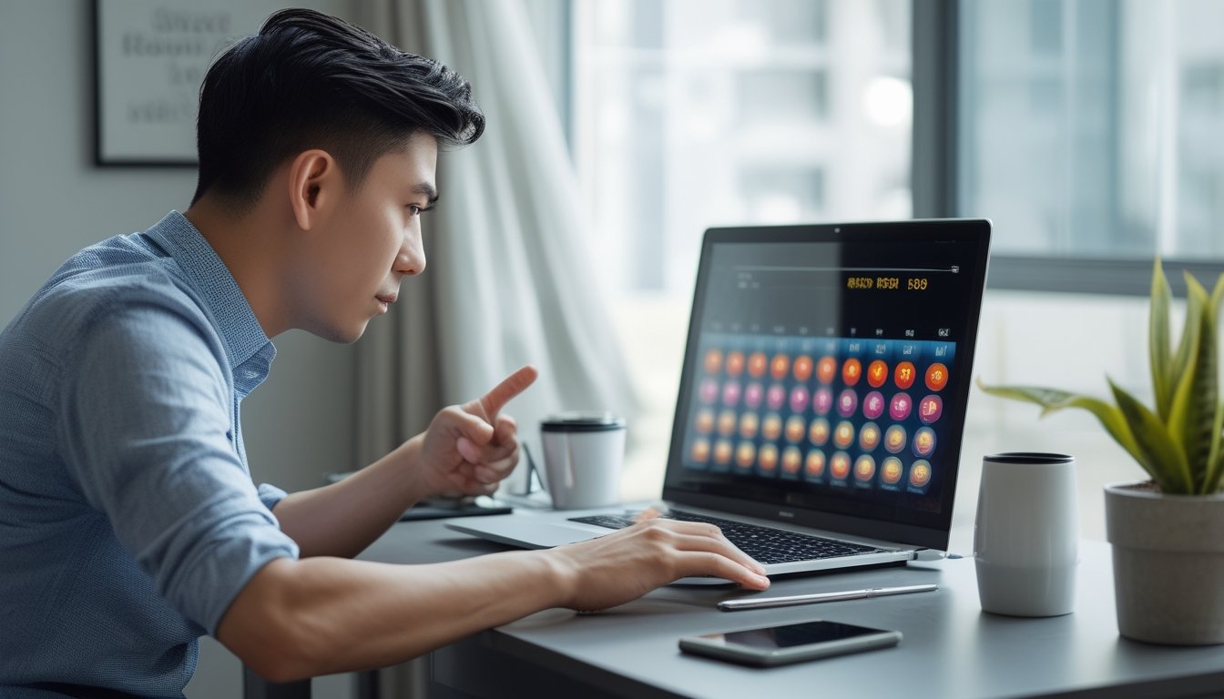 Seorang pria muda duduk di meja dengan laptop, fokus bermain permainan togel online di ruangan yang nyaman dan terang.