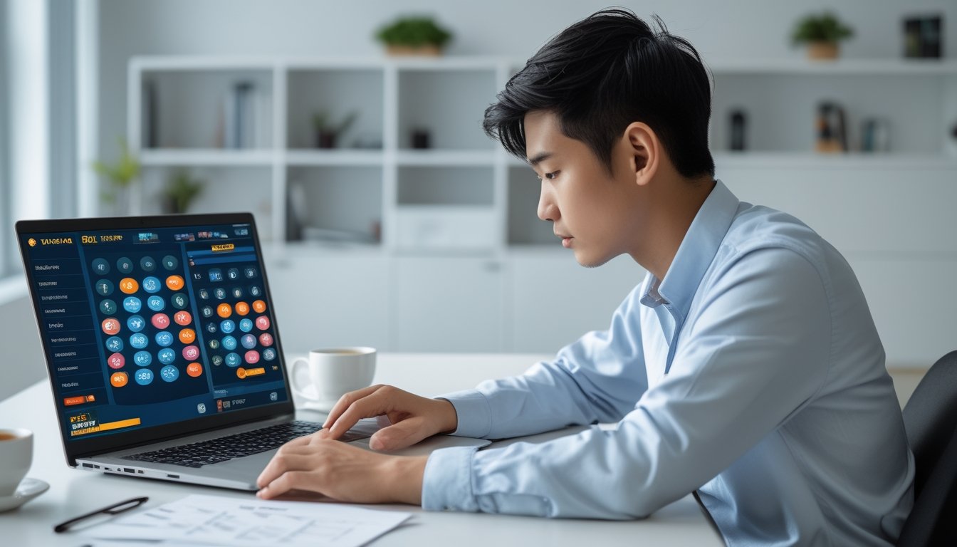 Seorang dewasa muda duduk di meja dengan laptop, fokus mempelajari strategi bermain Colok Macau di Togel online di ruang kerja yang rapi.