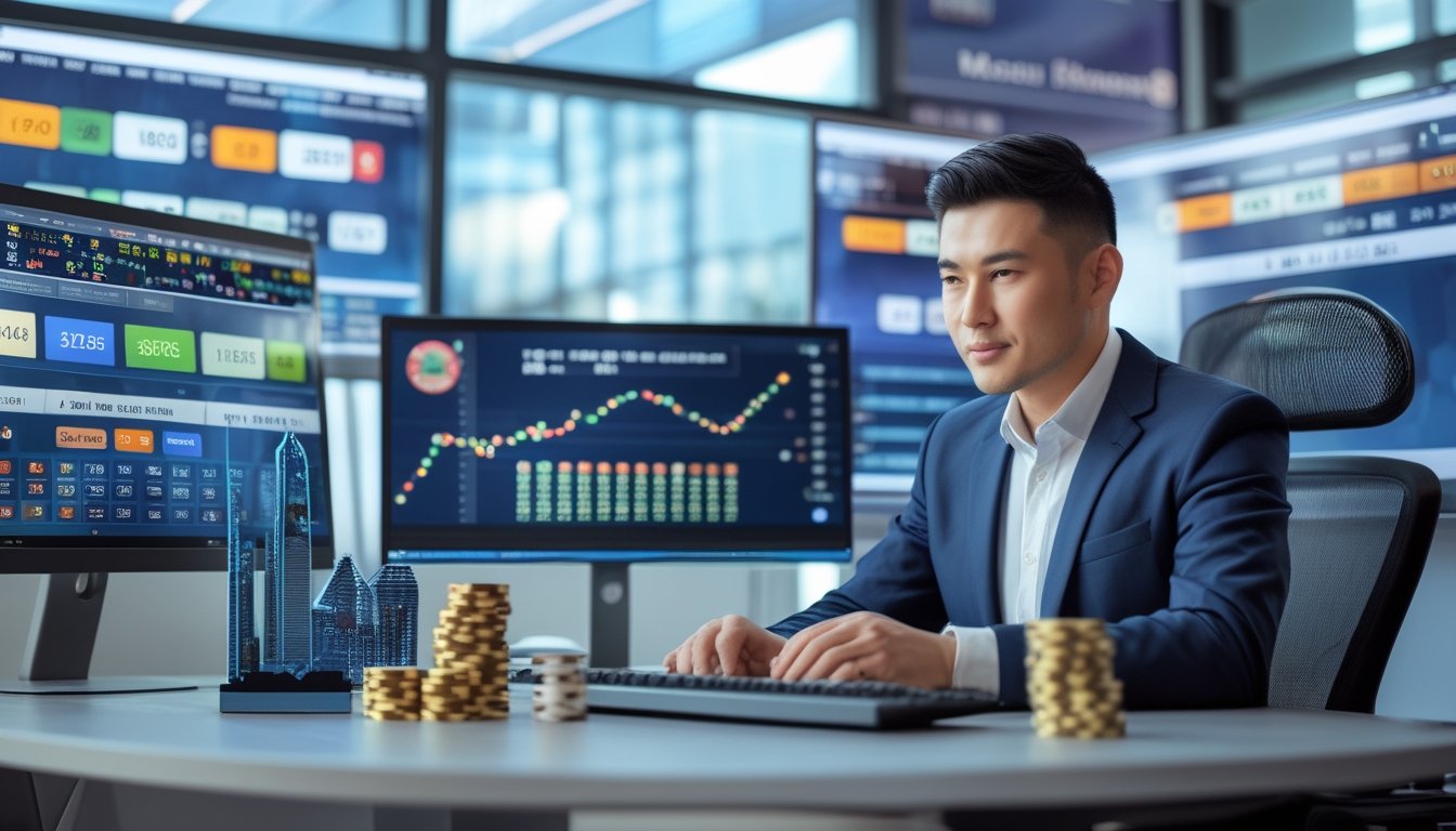 Seorang pria Asia duduk di meja dengan beberapa monitor komputer yang menampilkan angka lotere dan grafik, di ruang kantor modern dengan model cakrawala Macau dan chip kasino di sekitarnya.