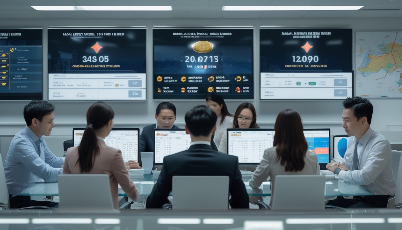Sekelompok profesional sedang bekerja di kantor modern dengan beberapa layar komputer yang menampilkan data dan grafik terkait pasar togel Macau.