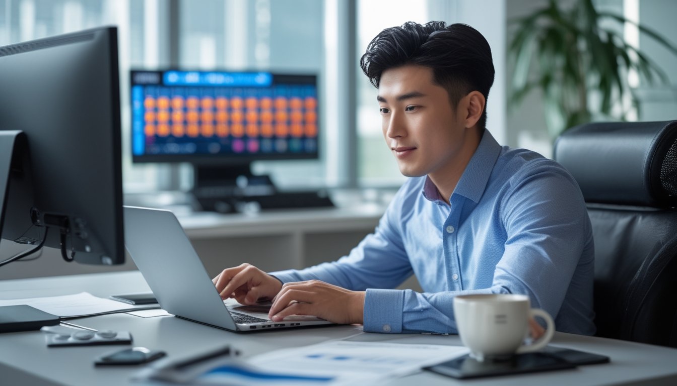 Seorang pria muda Asia duduk di meja kantor menggunakan laptop dengan latar belakang kantor modern dan elemen digital yang menunjukkan permainan togel online.