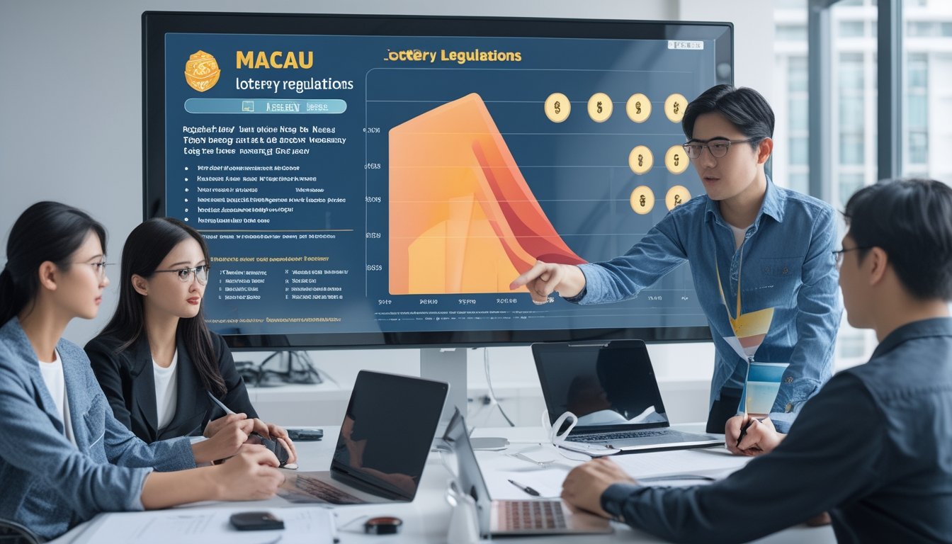 Sekelompok orang muda sedang berdiskusi dan belajar tentang peraturan lotere Macau di sebuah kantor modern dengan layar digital dan laptop.