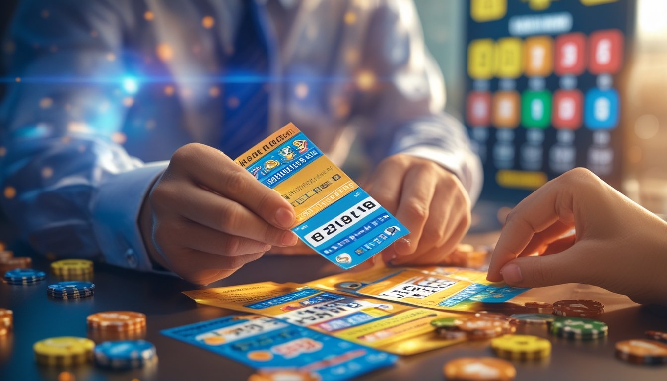 Tangan seseorang memegang tiket lotre dan mengisi slip taruhan dengan latar belakang elemen-elemen permainan lotre.