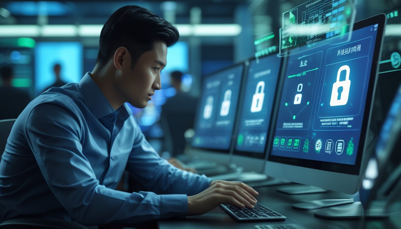 Seorang pria Asia duduk di meja modern dengan layar digital menampilkan grafik keamanan data dan simbol privasi di kantor berteknologi tinggi.