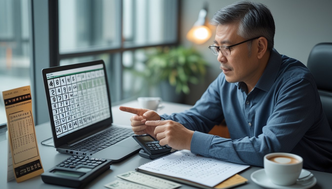 Seorang pria sedang duduk di meja kerja sambil menganalisis angka-angka togel dengan laptop dan catatan di depannya.