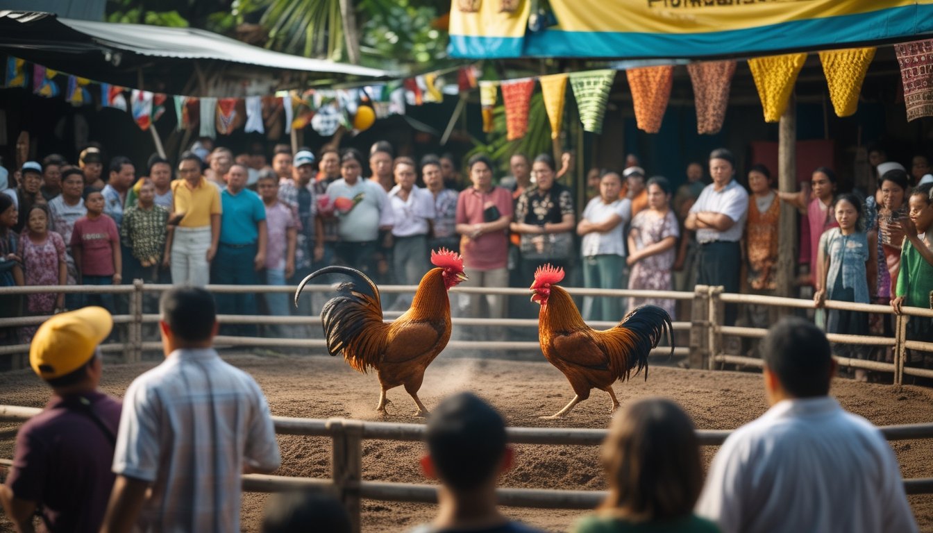 Arena sabung ayam di Filipina dengan dua ayam jago bertarung dan penonton yang antusias mengenakan pakaian tradisional lokal.
