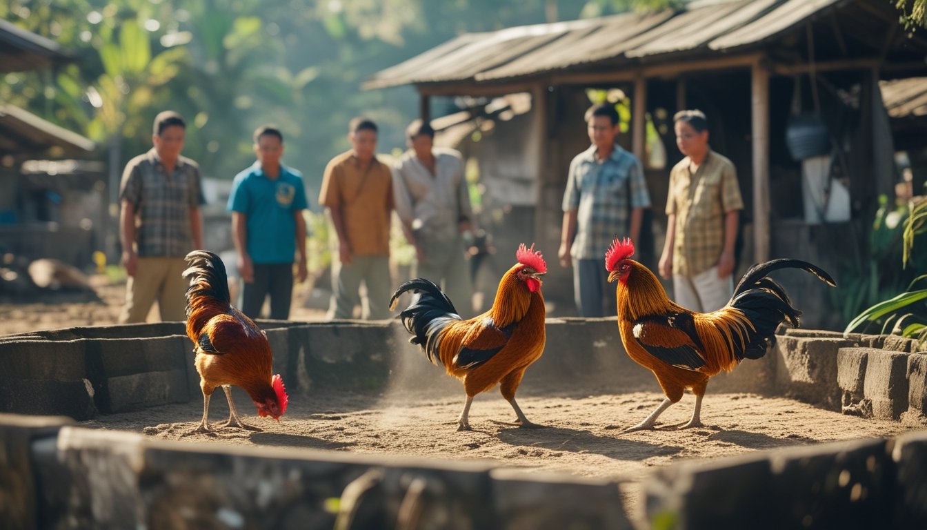 Sekelompok pria Filipina sedang menonton sabung ayam tradisional di sebuah arena luar ruangan dengan latar belakang vegetasi tropis dan bangunan kayu sederhana.