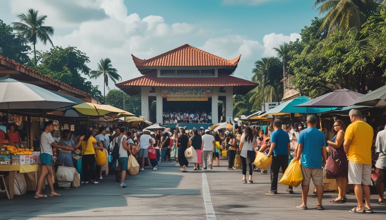 Pasar luar ruangan yang ramai dengan turis dan pedagang lokal di Filipina, dengan arena sabung ayam tradisional dan penonton di latar belakang.