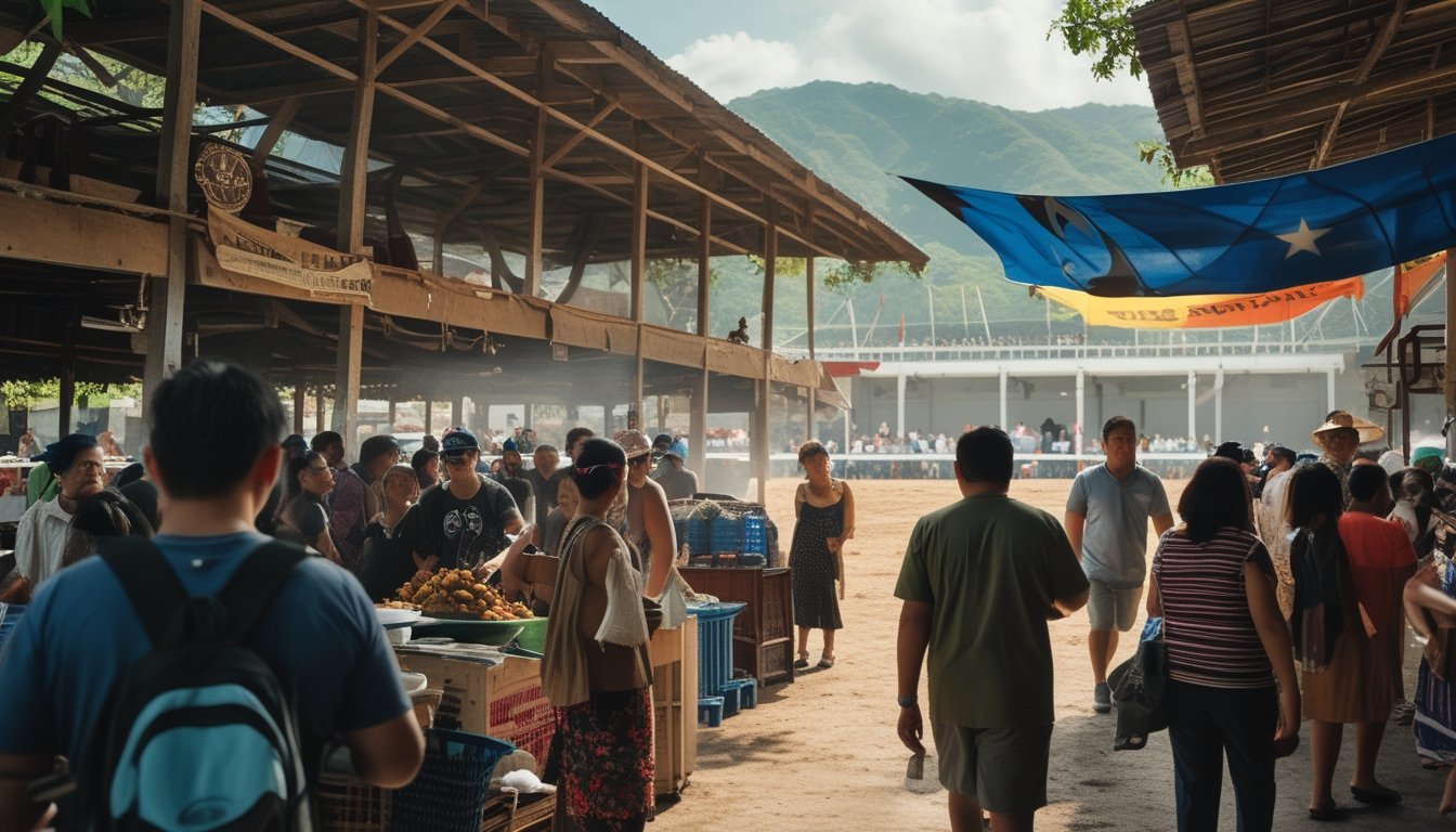 Pasar luar ruangan yang ramai di dekat arena sabung ayam dengan orang-orang yang berinteraksi dan berdagang, menggambarkan kegiatan ekonomi dan pariwisata di Filipina.