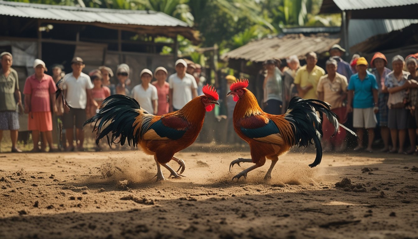 Dua ayam jago sedang bertarung di arena terbuka dengan penonton lokal yang menonton dengan antusias di latar belakang.