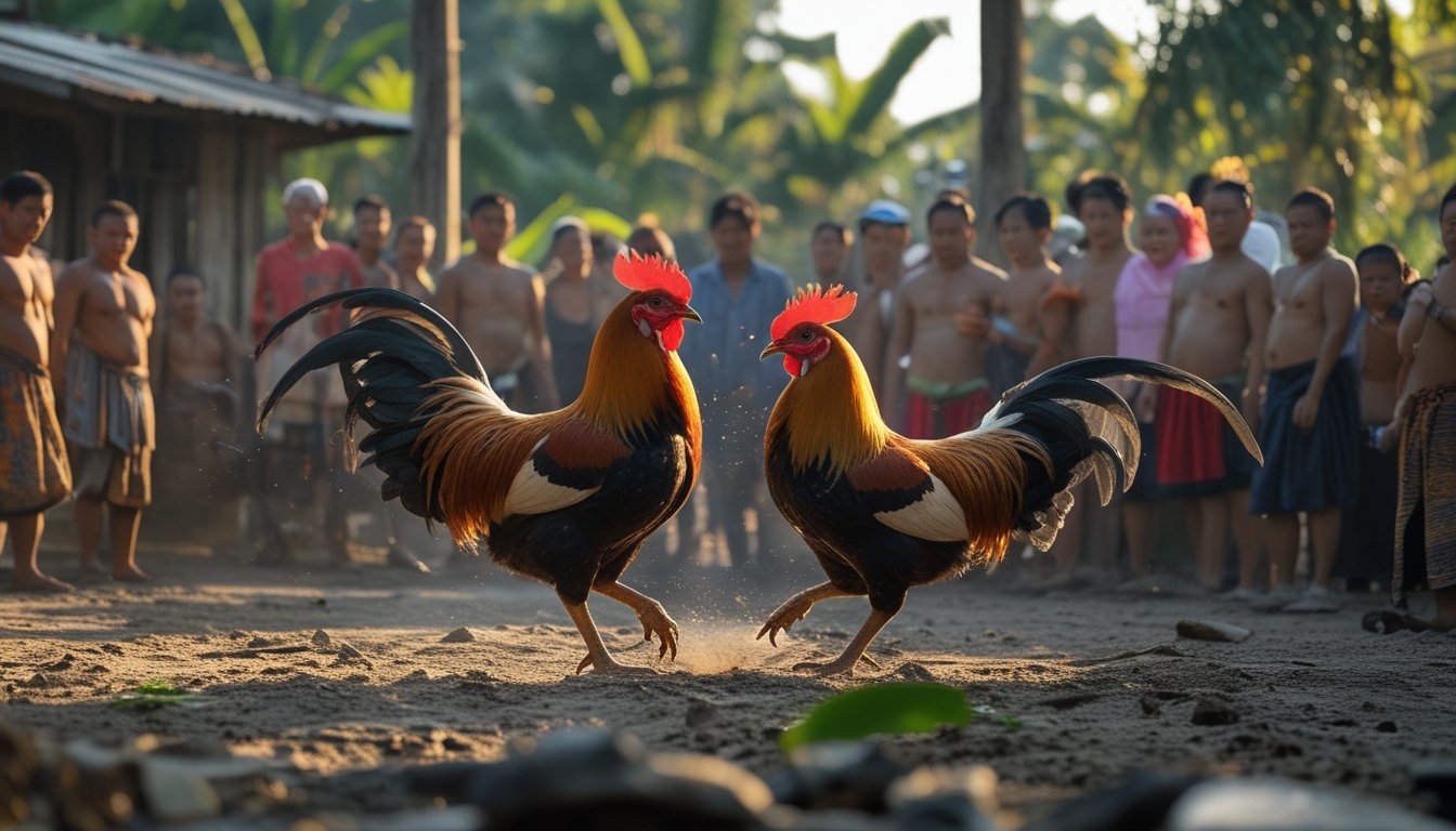 Dua ayam jago berwarna-warni sedang bertarung di arena terbuka dengan penonton mengenakan pakaian tradisional Asia Tenggara di sekitarnya.