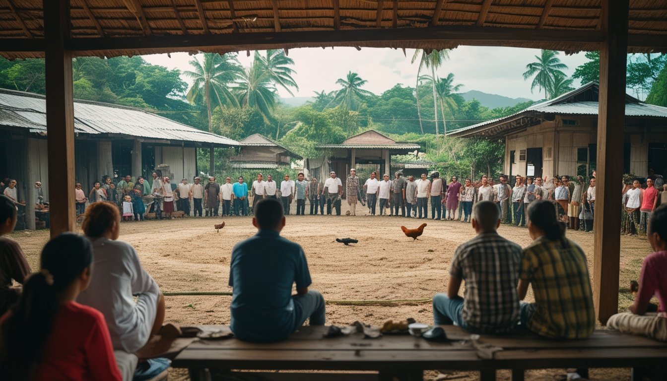 Kerumunan orang menonton sabung ayam tradisional di sebuah arena terbuka di desa Filipina dengan bangunan tradisional dan kolonial di latar belakang.