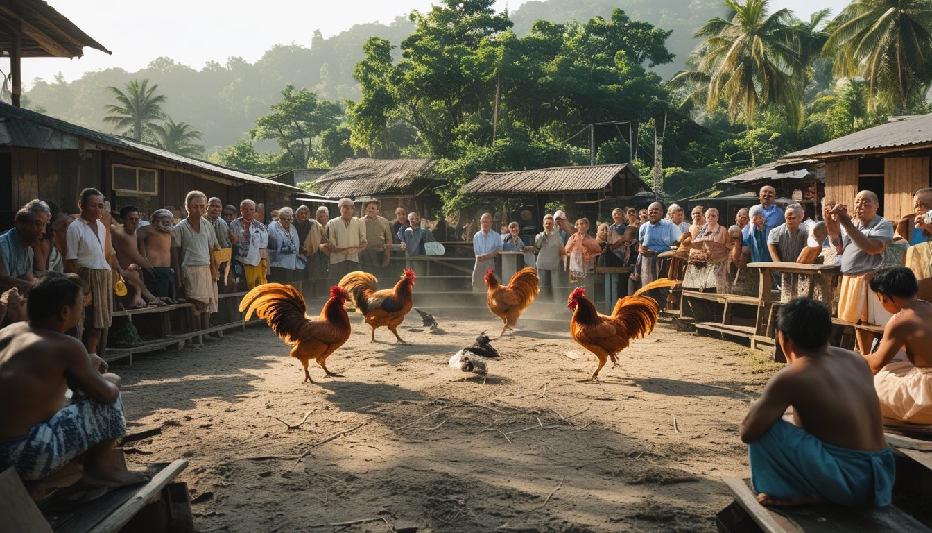 Sejumlah orang di desa sedang menonton sabung ayam di arena terbuka dengan latar rumah kayu dan pohon tropis.