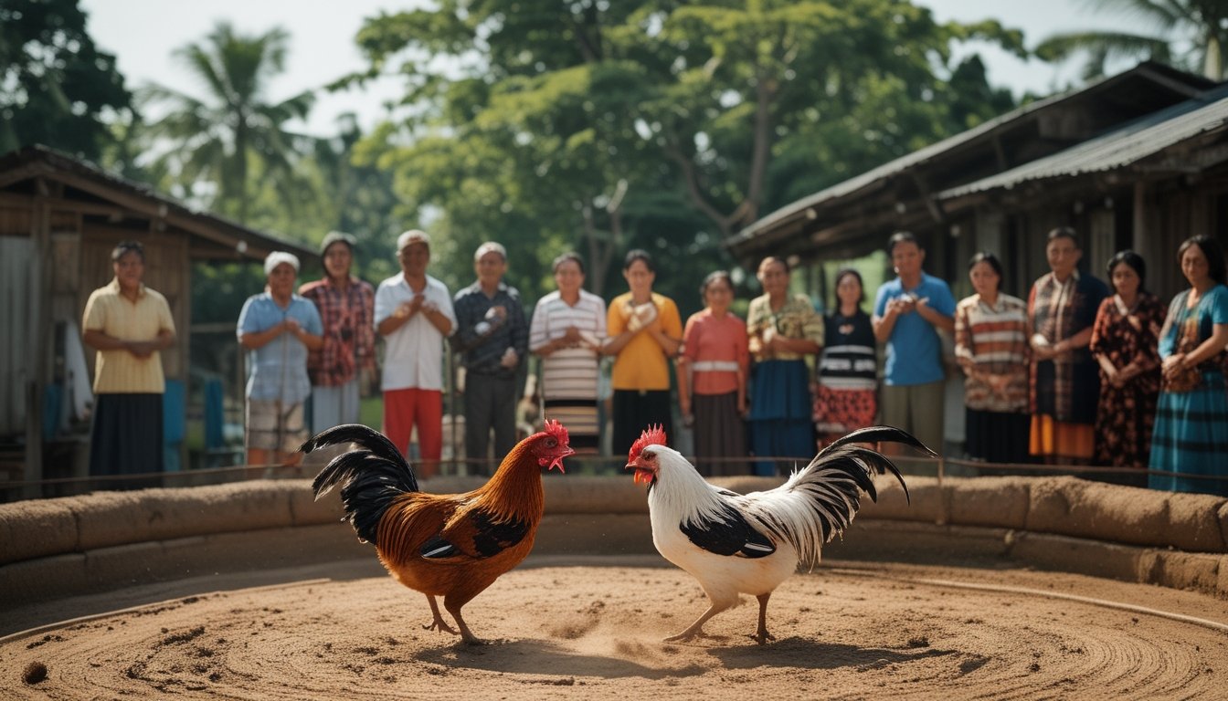Dua ayam jago bertarung di arena tanah dikelilingi oleh kerumunan orang yang menonton di sebuah desa pedesaan.