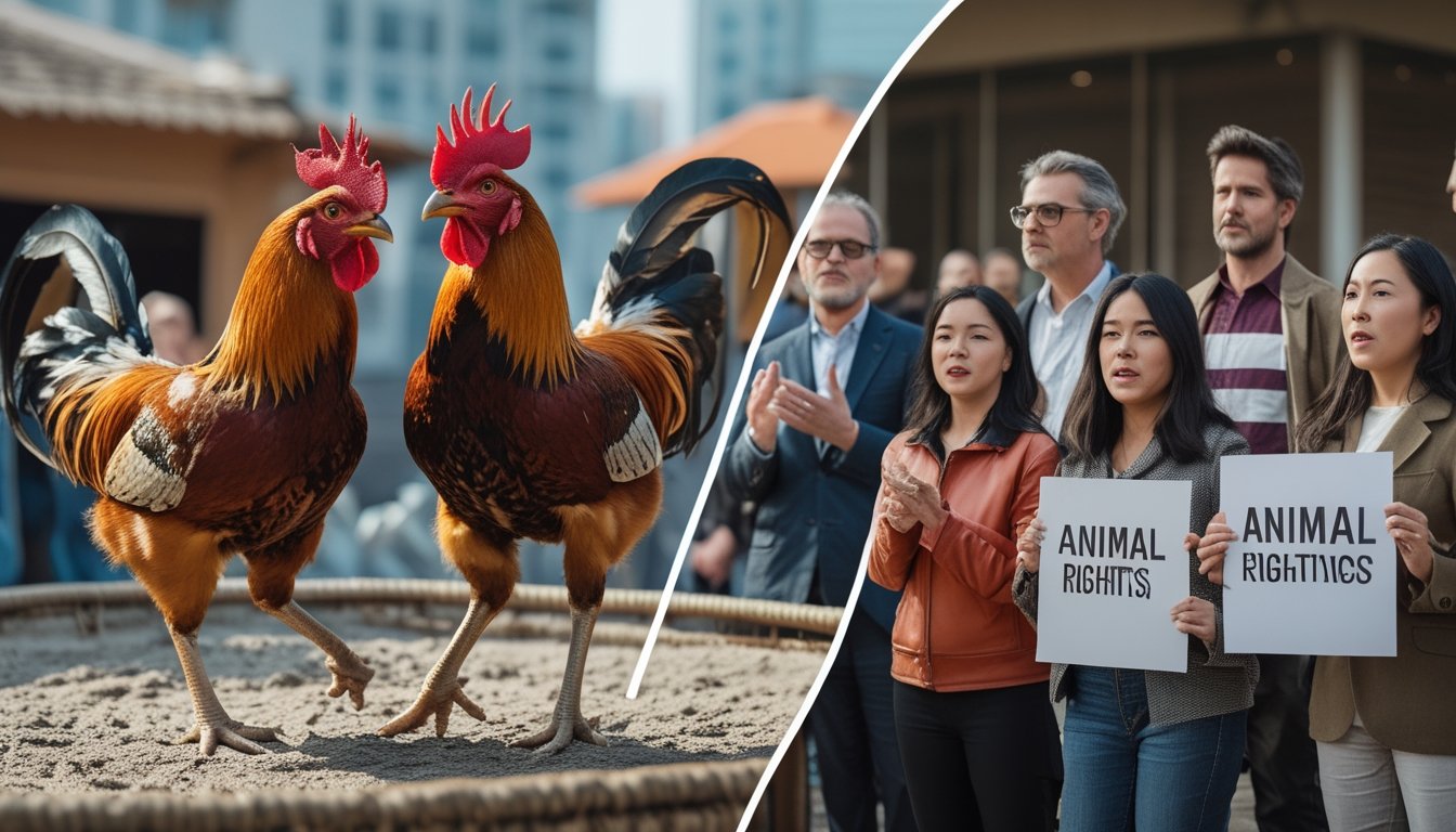 Gambar menunjukkan adegan sabung ayam tradisional di satu sisi dan sekelompok aktivis hak hewan yang memprotes di sisi lain, dengan latar kota modern.