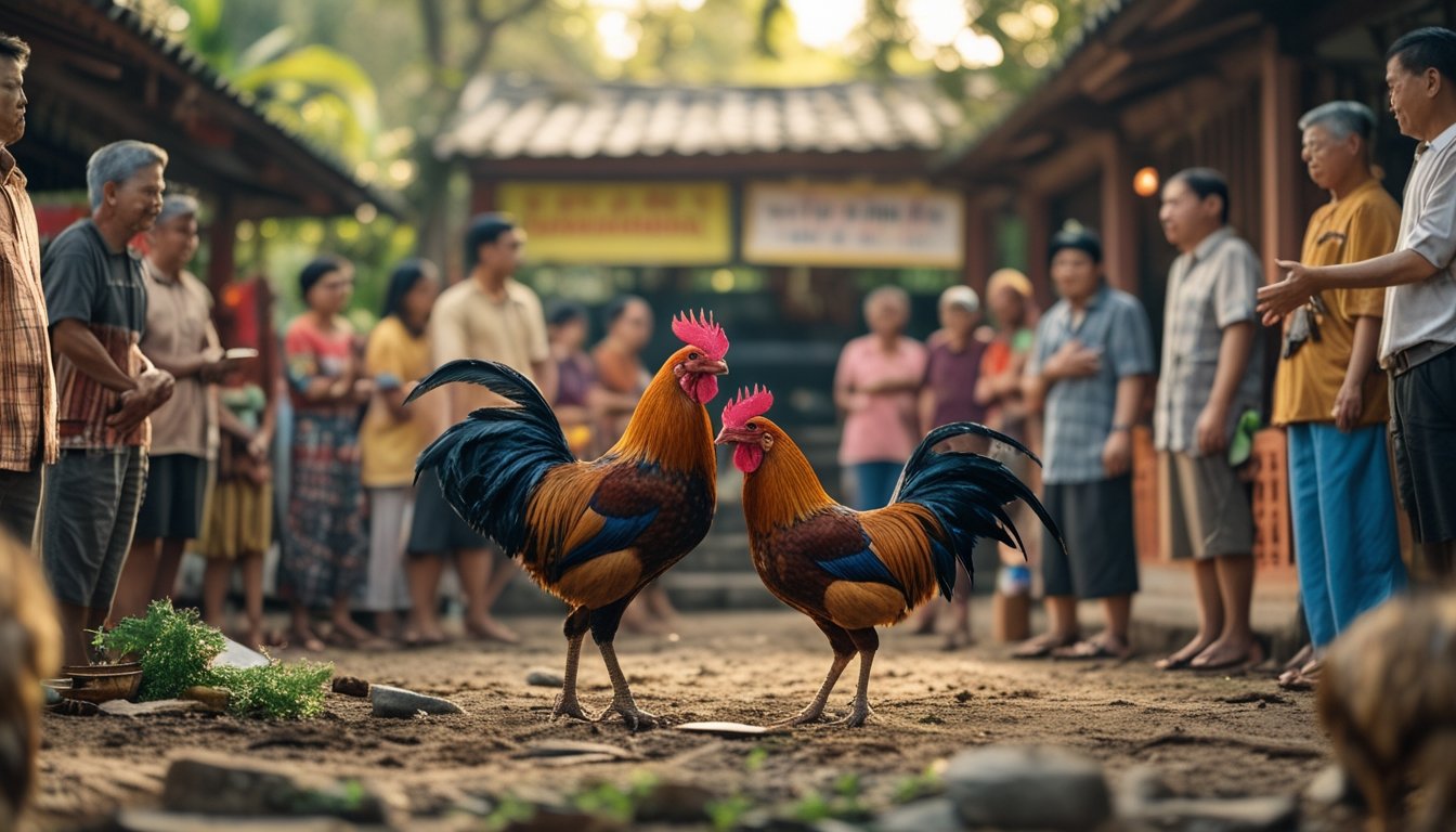 Dua ayam jago di tengah desa tradisional dengan beberapa orang mengamati, menampilkan suasana perpaduan antara budaya dan perhatian terhadap hak hewan.