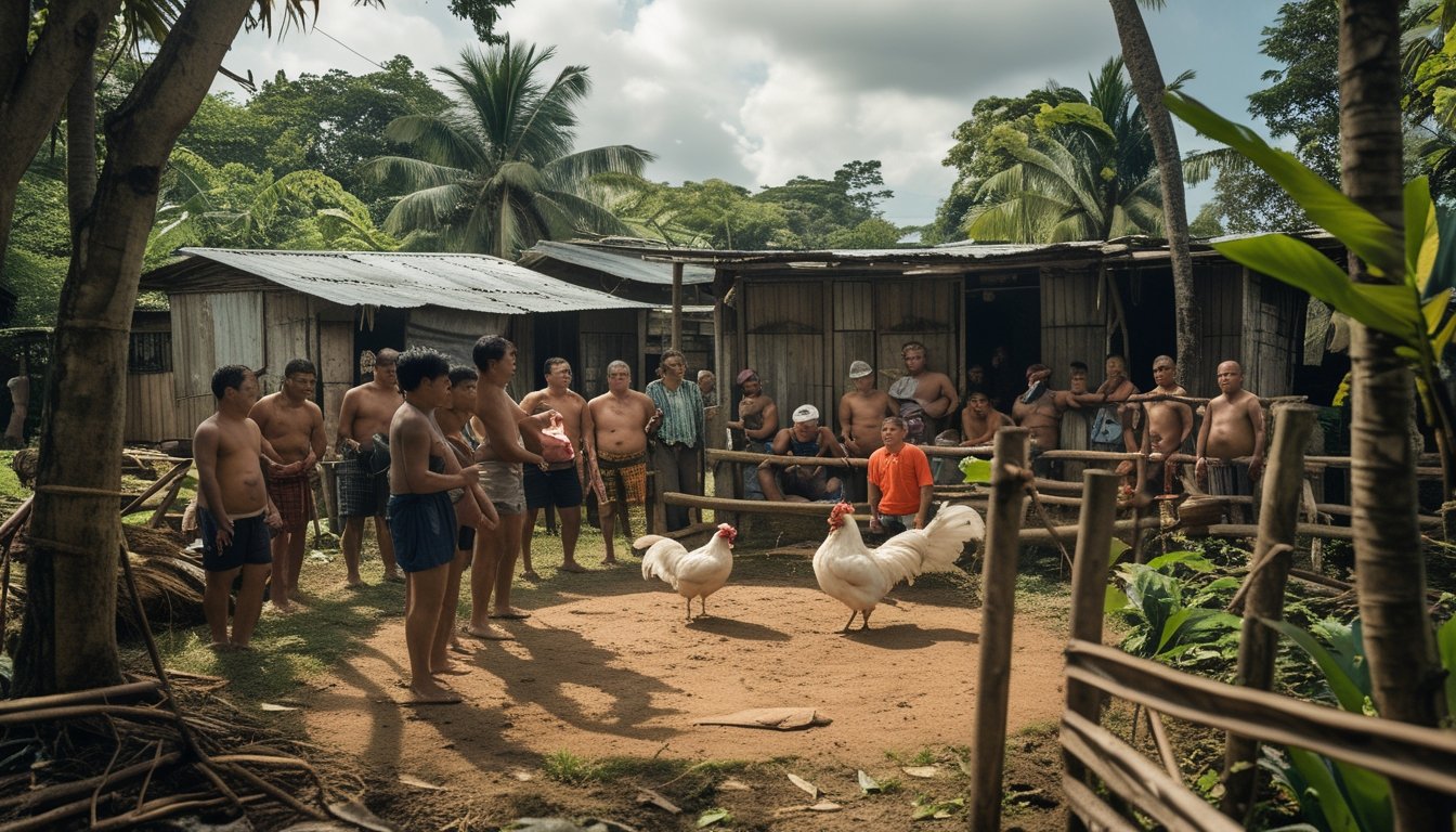 Sekelompok warga desa Filipina berkumpul di luar rumah sederhana, mengamati pertarungan ayam jago di arena kecil dengan latar tanaman tropis.
