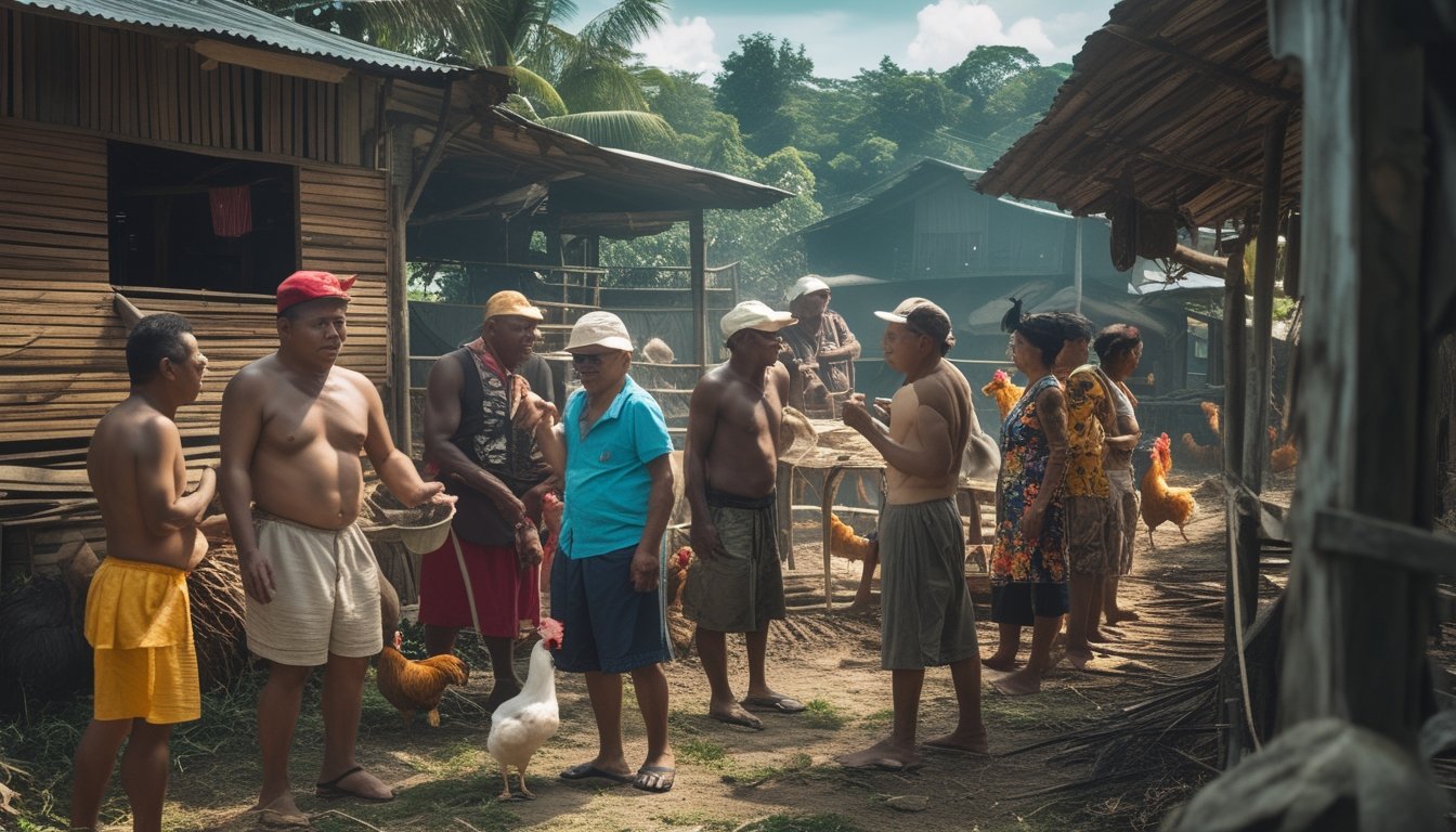 Sekelompok warga desa Filipina berkumpul di luar rumah tradisional, beberapa menonton sabung ayam sementara yang lain berbincang.