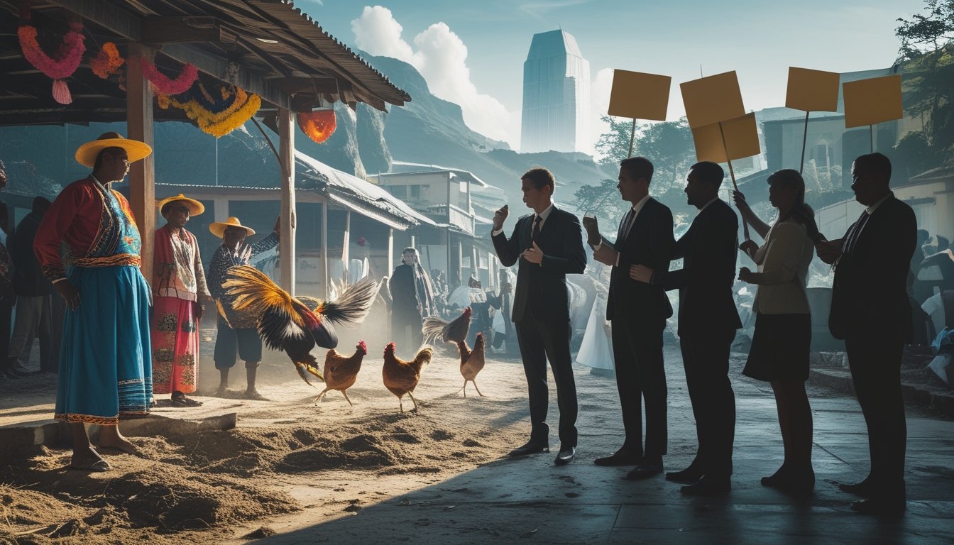 Suasana tradisional sabung ayam di desa dengan ayam jago bertarung dan penonton, berseberangan dengan orang-orang modern yang berdiskusi dan memprotes di latar kota.