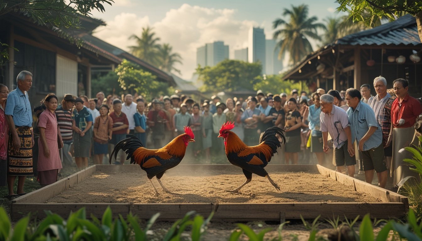 Dua ayam jago bertarung di arena tradisional dengan penonton beragam usia dan pakaian, latar belakang desa dengan rumah tradisional dan pepohonan.