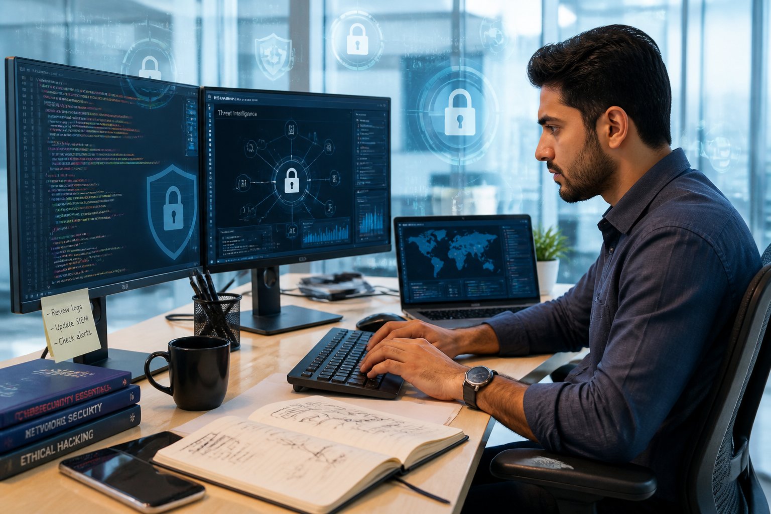 A young cyber security engineer working at a desk with multiple monitors showing code and security graphics in a modern office.