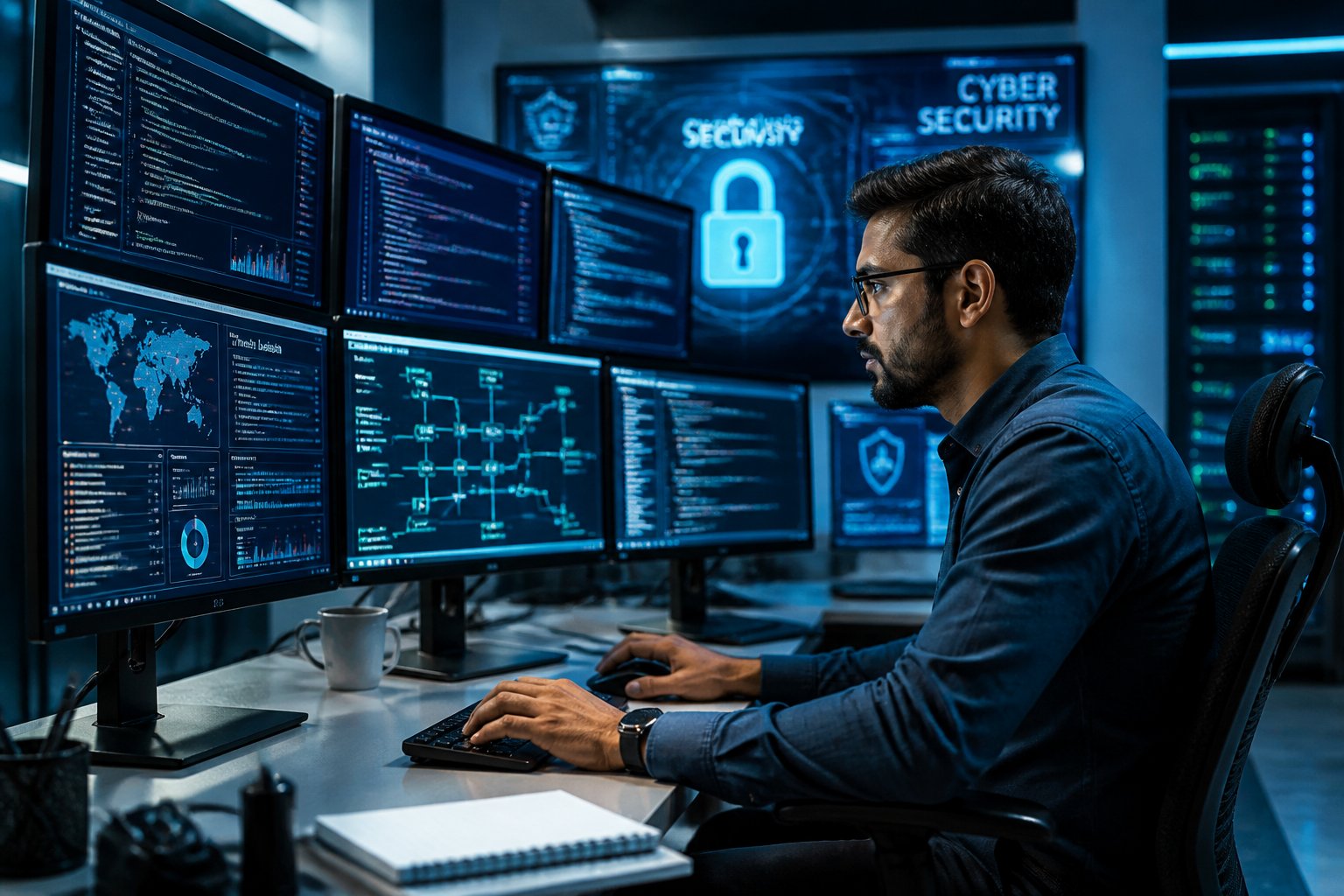 A cybersecurity engineer working at a desk with multiple monitors showing code and network diagrams in a modern office.
