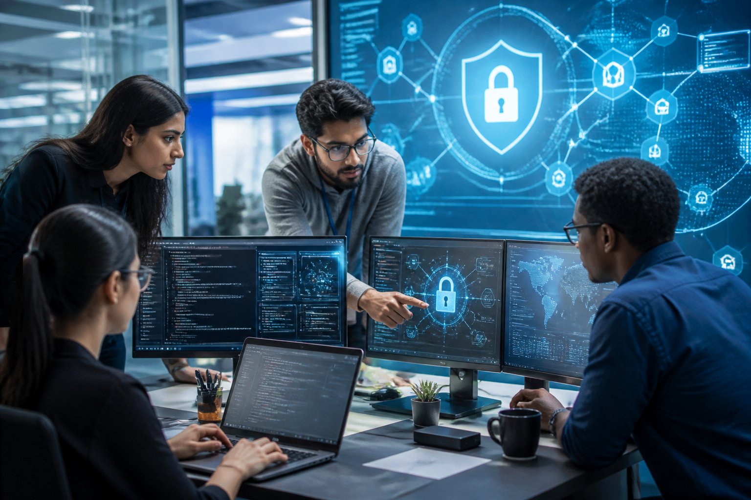 A group of professionals working together at computers displaying cybersecurity data and digital security symbols in a modern office.