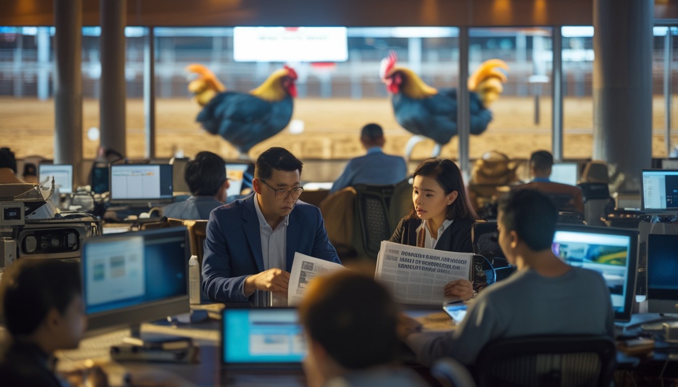 Sekelompok jurnalis bekerja di ruang redaksi dengan perangkat digital dan media cetak, latar belakang layar menampilkan gambar samar arena sabung ayam.